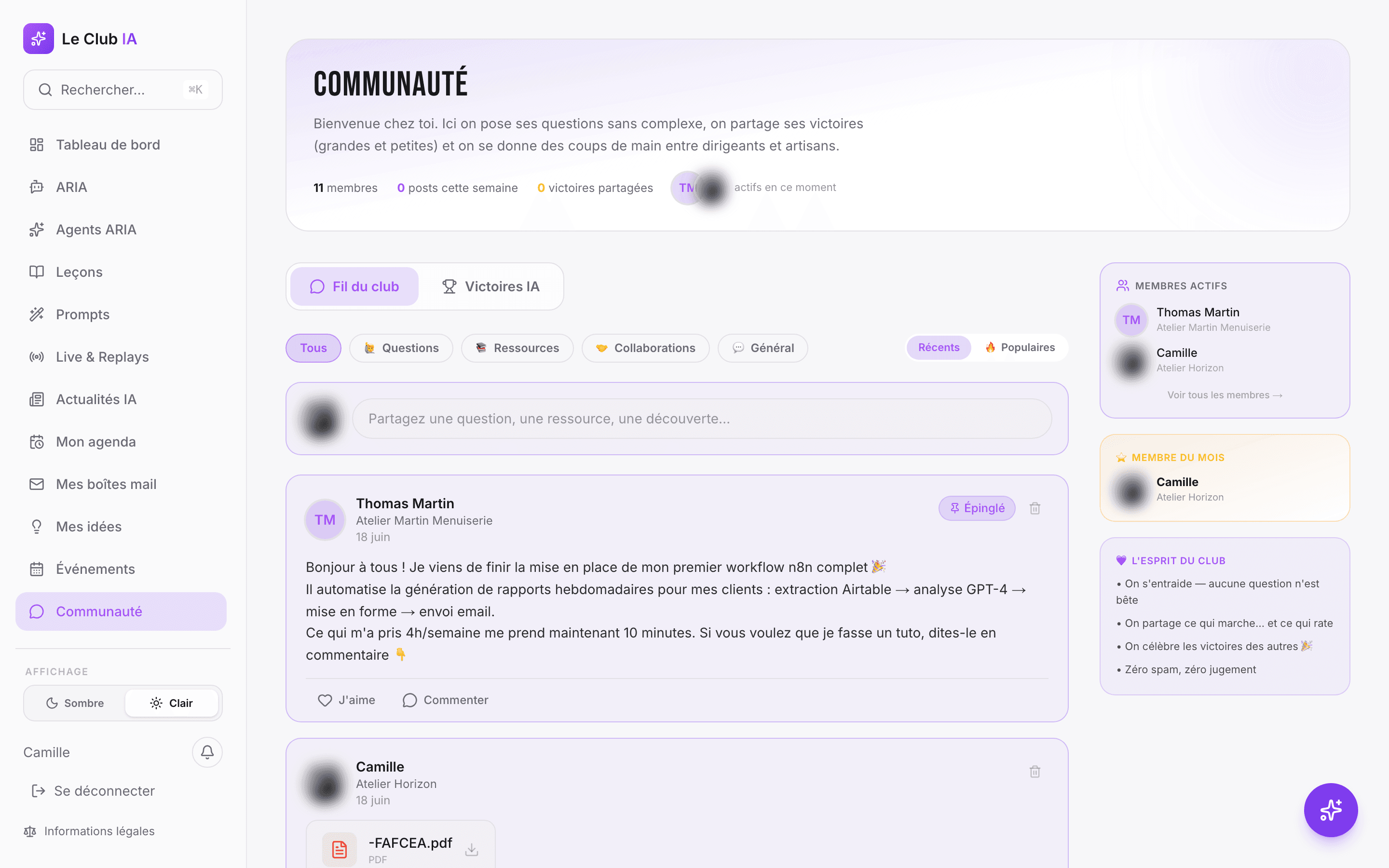 Le fil d'échange entre membres